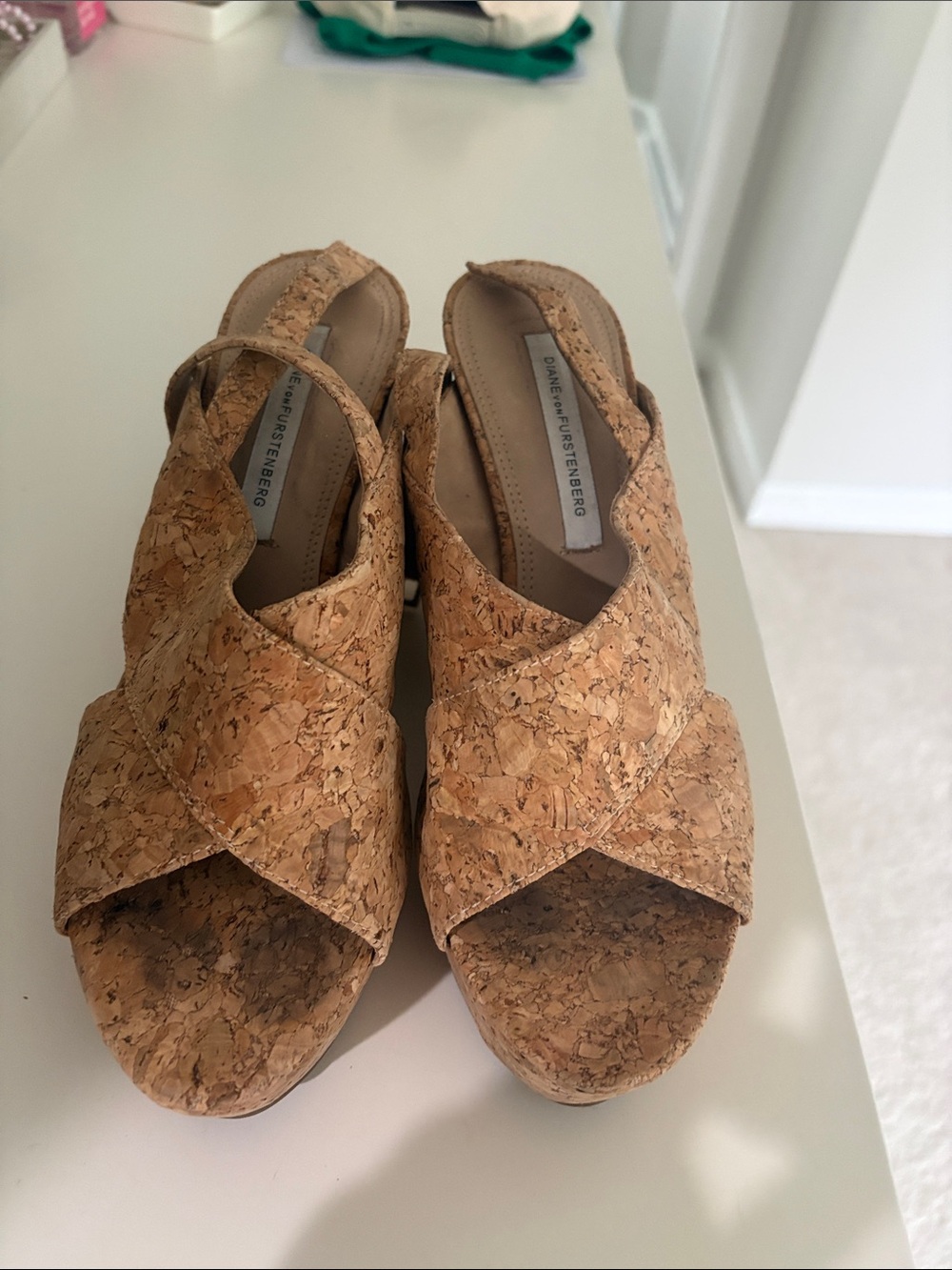 Diane Von Furstenberg Cork Crisscross Slingback Wedges - Natural